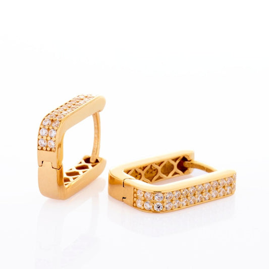 14K Gold Paper Clip Huggie Hoop Earrings With White Details